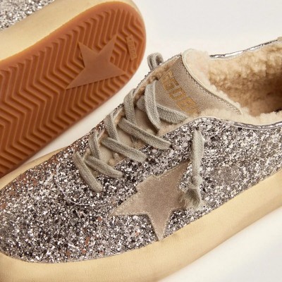 Golden Goose Space-Star In Silver Glitter With Shearling Lining Golden Goose Space-Star In Silver Glitter With Shearling Lining
