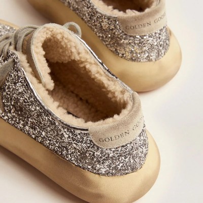 Golden Goose Space-Star In Silver Glitter With Shearling Lining Golden Goose Space-Star In Silver Glitter With Shearling Lining