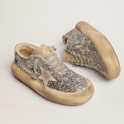 Golden Goose Space-Star In Silver Glitter With Shearling Lining Golden Goose Space-Star In Silver Glitter With Shearling Lining