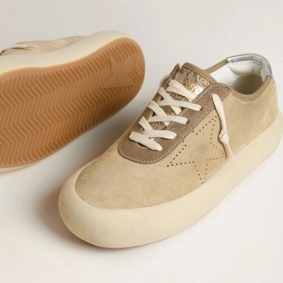 Golden Goose Space-Star In Beige Suede With Perforated Star And Metallic Silver Heel Tab Golden Goose Space-Star In Beige Suede With Perforated Star And Metallic Silver Heel Tab