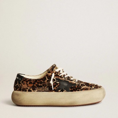 Golden Goose Space-Star In Leopard Print Pony Skin With Black Star Golden Goose Space-Star In Leopard Print Pony Skin With Black Star
