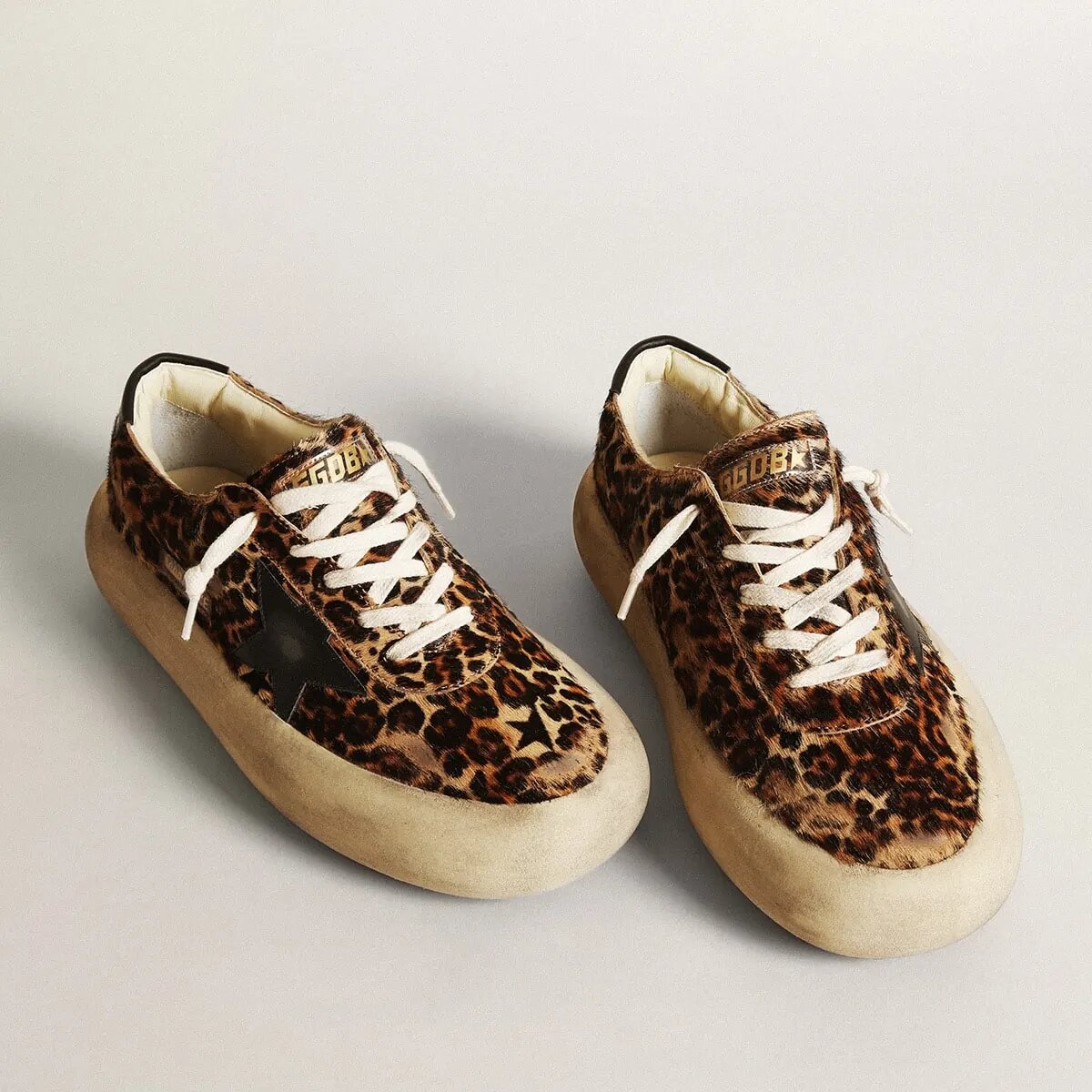 Golden Goose Space-Star In Leopard Print Pony Skin With Black Star Golden Goose Space-Star In Leopard Print Pony Skin With Black Star