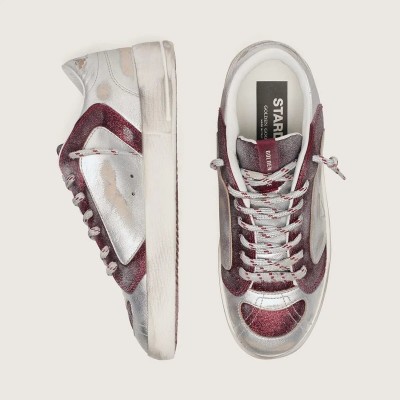 Golden Goose Stardan Lab In Burgundy And Silver Leather And Glitter Golden Goose Stardan Lab In Burgundy And Silver Leather And Glitter