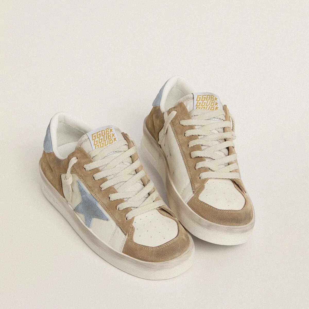Golden Goose Stardan Ltd In White Leather And Tobacco Suede With Light Blue Suede Star And Heel Tab Golden Goose Stardan Ltd In White Leather And Tobacco Suede With Light Blue Suede Star And Heel Tab