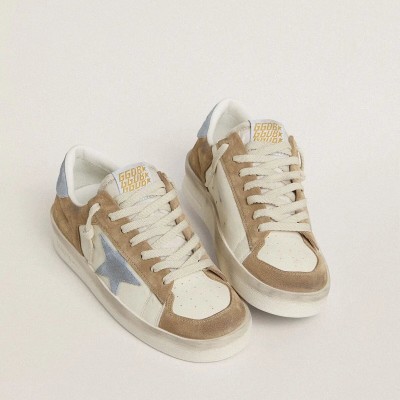 Golden Goose Stardan Ltd In White Leather And Tobacco Suede With Light Blue Suede Star And Heel Tab Golden Goose Stardan Ltd In White Leather And Tobacco Suede With Light Blue Suede Star And Heel Tab