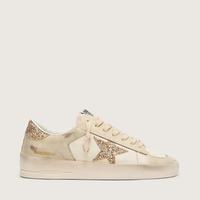 Golden Goose Stardan In Ecru Nappa Leather With Gold Glitter Star And Heel Tab