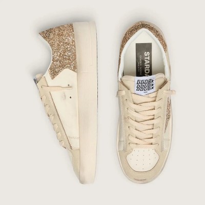 Golden Goose Stardan In Ecru Nappa Leather With Gold Glitter Star And Heel Tab
