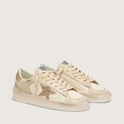 Golden Goose Stardan In Ecru Nappa Leather With Gold Glitter Star And Heel Tab Golden Goose Stardan In Ecru Nappa Leather With Gold Glitter Star And Heel Tab