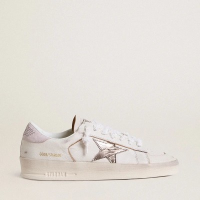 Golden Goose Stardan In Nappa Leather With Metallic Silver Leather Star And Pink Suede Heel Tab Golden Goose Stardan In Nappa Leather With Metallic Silver Leather Star And Pink Suede Heel Tab