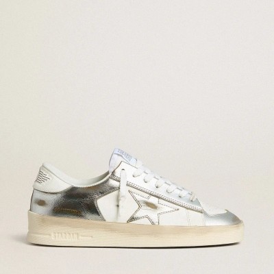 Golden Goose Stardan In Silver Foiled Leather With White Heel Tab Golden Goose Stardan In Silver Foiled Leather With White Heel Tab