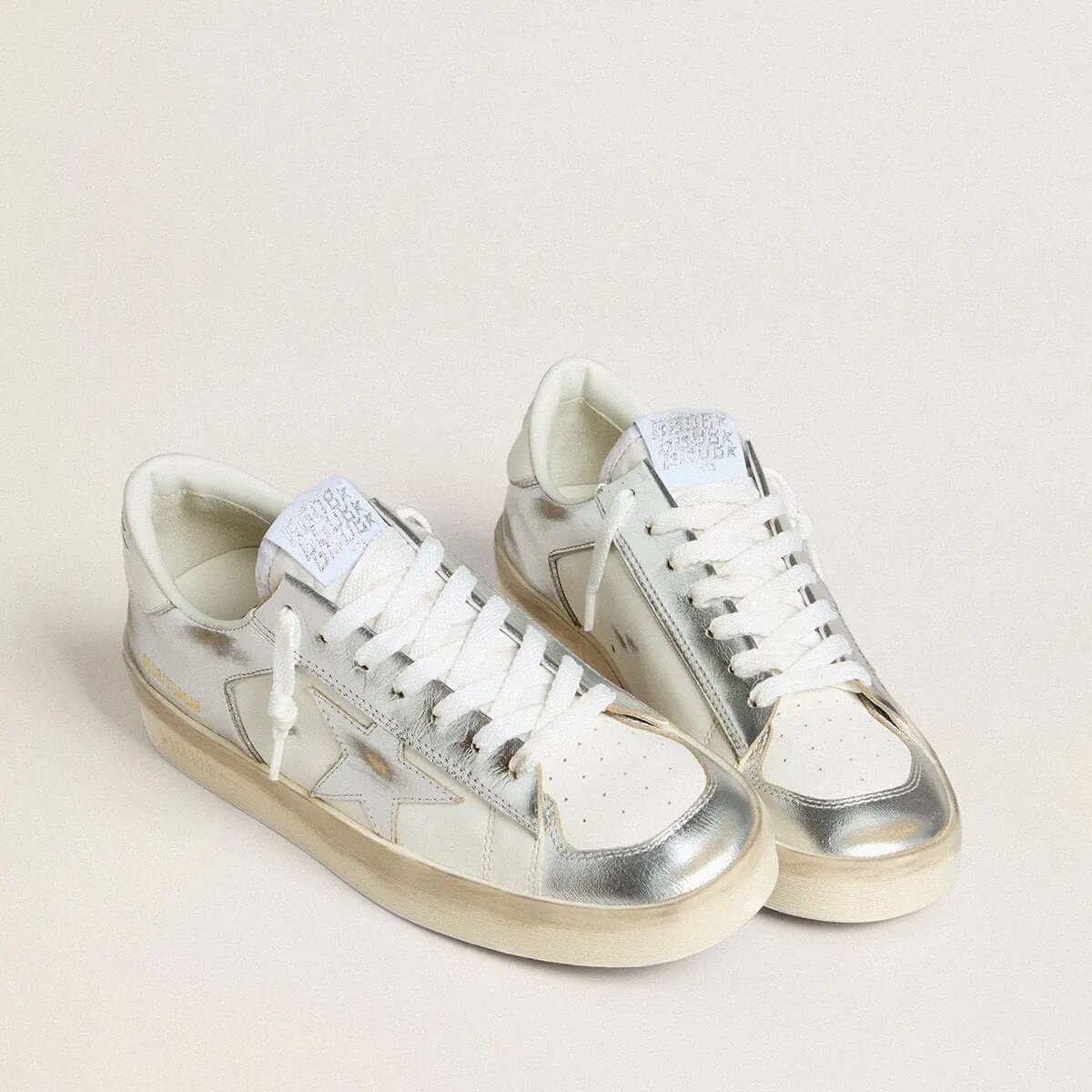 Golden Goose Stardan In Silver Foiled Leather With White Heel Tab Golden Goose Stardan In Silver Foiled Leather With White Heel Tab