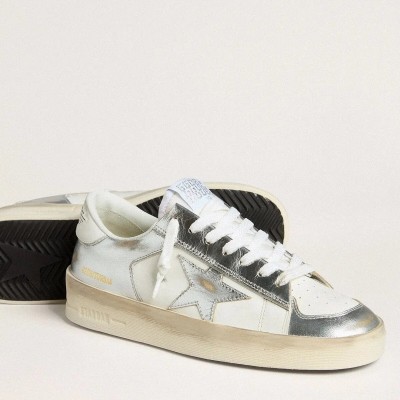 Golden Goose Stardan In Silver Foiled Leather With White Heel Tab Golden Goose Stardan In Silver Foiled Leather With White Heel Tab