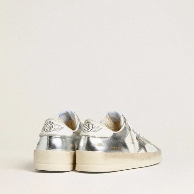 Golden Goose Stardan In Silver Foiled Leather With White Heel Tab Golden Goose Stardan In Silver Foiled Leather With White Heel Tab