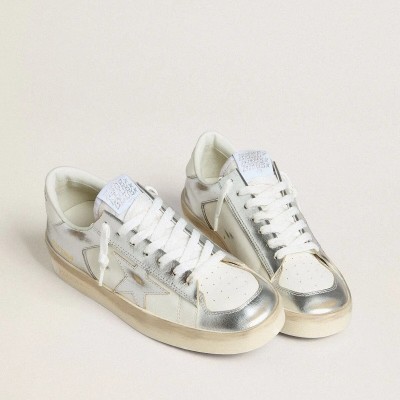Golden Goose Stardan In Silver Foiled Leather With White Heel Tab Golden Goose Stardan In Silver Foiled Leather With White Heel Tab