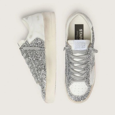 Golden Goose Stardan In White Leather And Glitter Golden Goose Stardan In White Leather And Glitter
