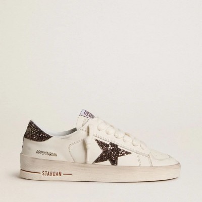 Golden Goose Stardan In White Leather With Brown Glitter Star And Heel Tab Golden Goose Stardan In White Leather With Brown Glitter Star And Heel Tab
