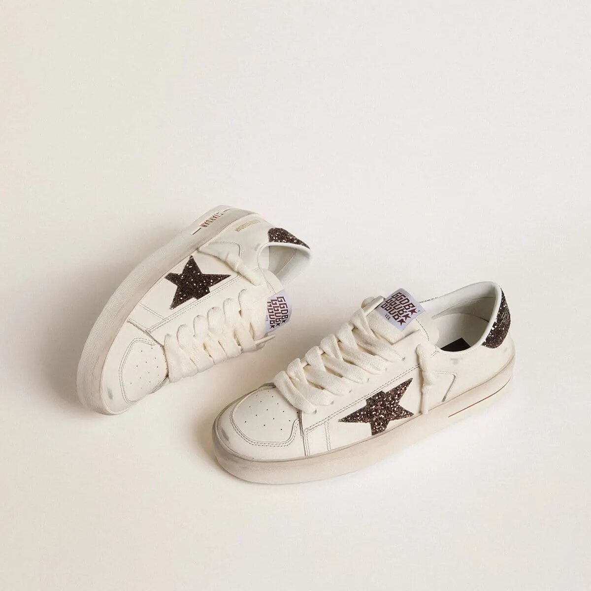 Golden Goose Stardan In White Leather With Brown Glitter Star And Heel Tab Golden Goose Stardan In White Leather With Brown Glitter Star And Heel Tab