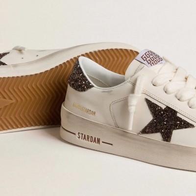 Golden Goose Stardan In White Leather With Brown Glitter Star And Heel Tab Golden Goose Stardan In White Leather With Brown Glitter Star And Heel Tab