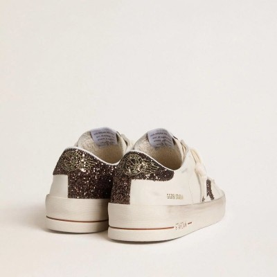 Golden Goose Stardan In White Leather With Brown Glitter Star And Heel Tab Golden Goose Stardan In White Leather With Brown Glitter Star And Heel Tab