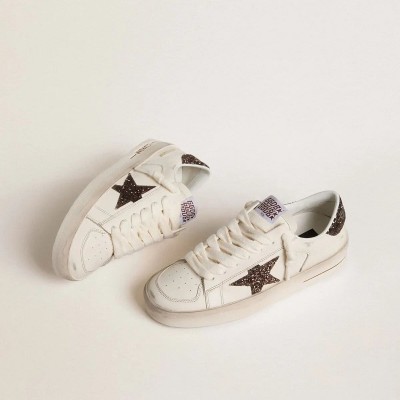 Golden Goose Stardan In White Leather With Brown Glitter Star And Heel Tab Golden Goose Stardan In White Leather With Brown Glitter Star And Heel Tab