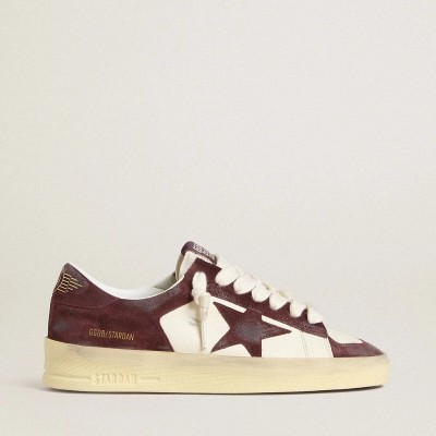 Golden Goose Stardan In White Nappa With Burgundy Suede Star And Heel Tab Golden Goose Stardan In White Nappa With Burgundy Suede Star And Heel Tab