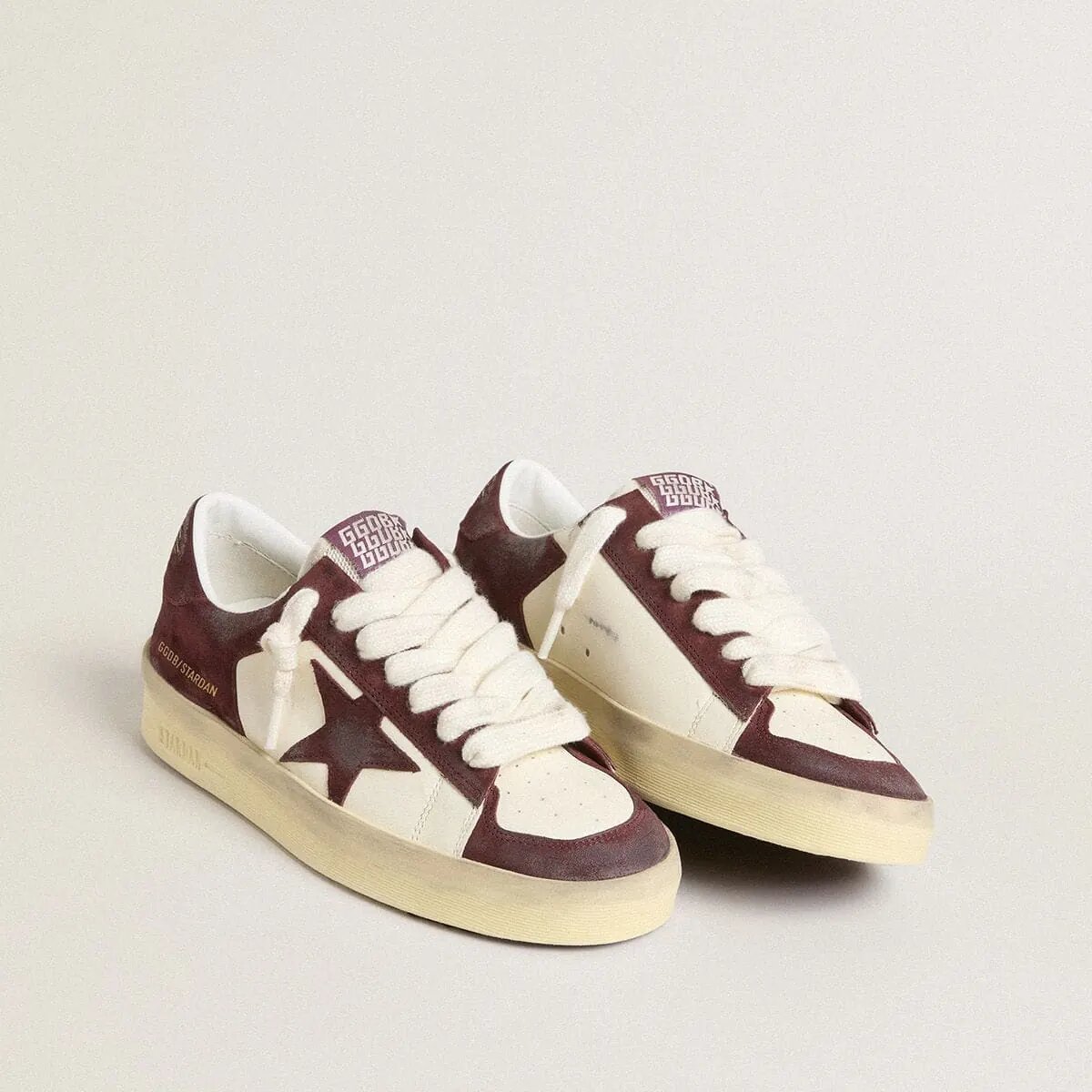 Golden Goose Stardan In White Nappa With Burgundy Suede Star And Heel Tab Golden Goose Stardan In White Nappa With Burgundy Suede Star And Heel Tab