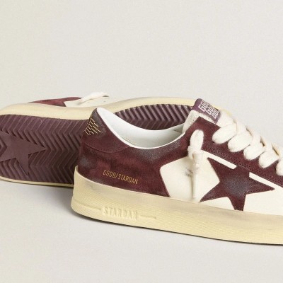 Golden Goose Stardan In White Nappa With Burgundy Suede Star And Heel Tab Golden Goose Stardan In White Nappa With Burgundy Suede Star And Heel Tab