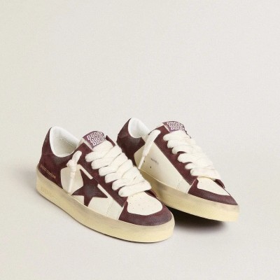 Golden Goose Stardan In White Nappa With Burgundy Suede Star And Heel Tab Golden Goose Stardan In White Nappa With Burgundy Suede Star And Heel Tab