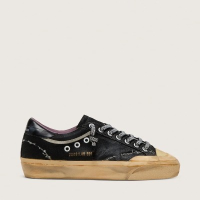Golden Goose Super-Star Lab In Black Laminated Suede And Nylon With Raised Star And Laces With Crystals Golden Goose Super-Star Lab In Black Laminated Suede And Nylon With Raised Star And Laces With Crystals