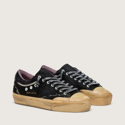 Golden Goose Super-Star Lab In Black Laminated Suede And Nylon With Raised Star And Laces With Crystals Golden Goose Super-Star Lab In Black Laminated Suede And Nylon With Raised Star And Laces With Crystals