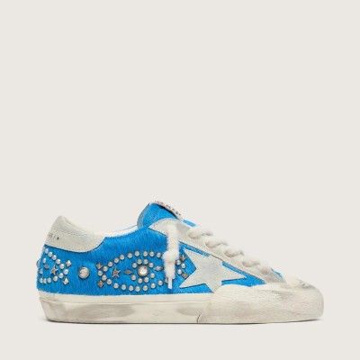 Golden Goose Super-Star Lab In Bright Blue Pony Skin With Suede Star And Studs Golden Goose Super-Star Lab In Bright Blue Pony Skin With Suede Star And Studs