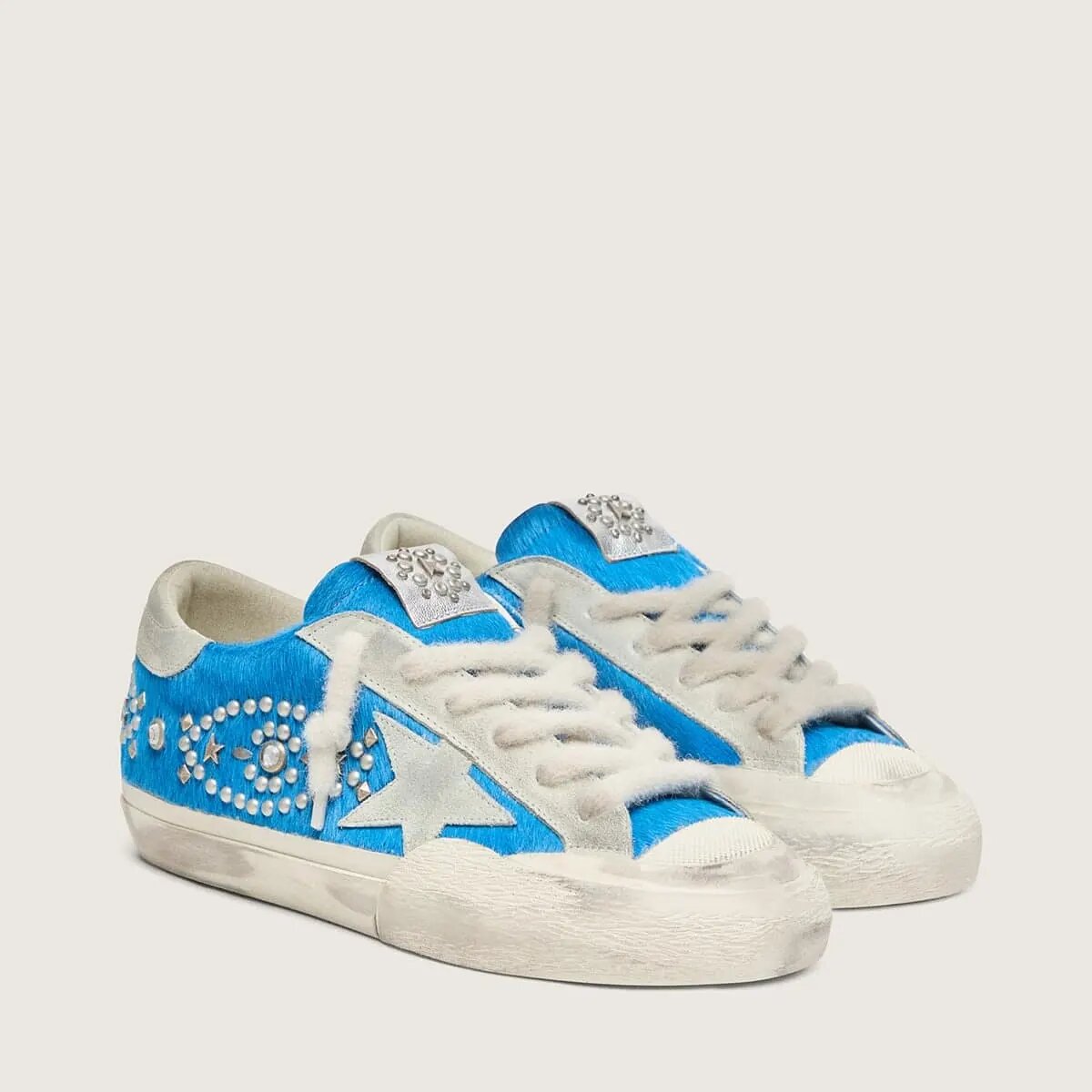 Golden Goose Super-Star Lab In Bright Blue Pony Skin With Suede Star And Studs Golden Goose Super-Star Lab In Bright Blue Pony Skin With Suede Star And Studs