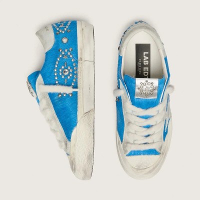 Golden Goose Super-Star Lab In Bright Blue Pony Skin With Suede Star And Studs Golden Goose Super-Star Lab In Bright Blue Pony Skin With Suede Star And Studs