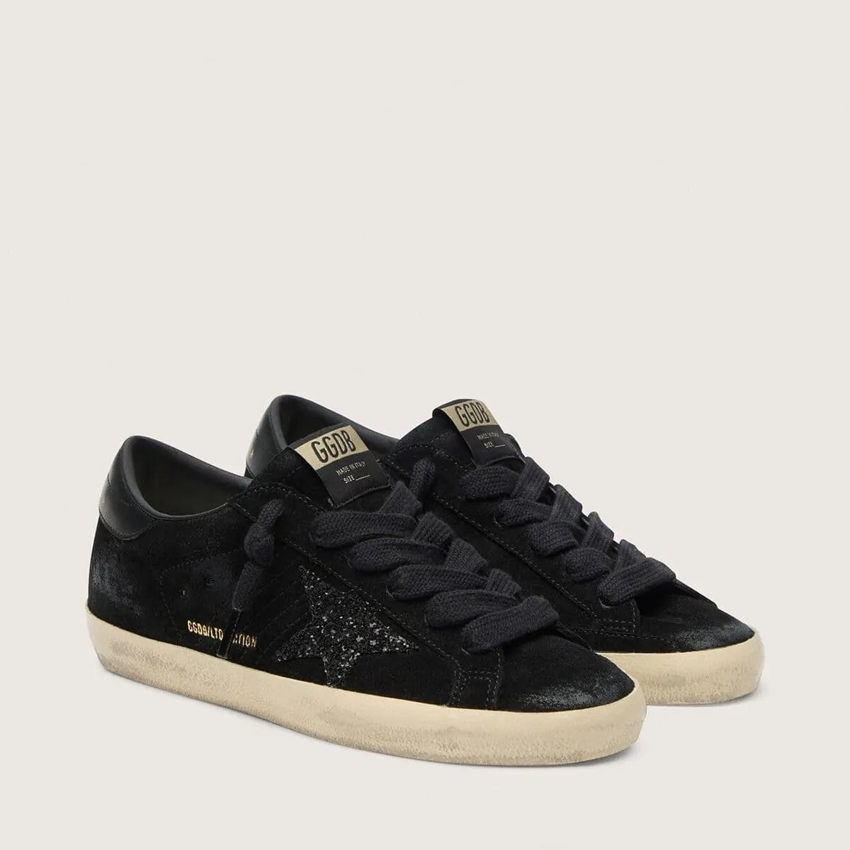 Golden Goose Super-Star Ltd In Black Suede With Black Glitter Star And Black Leather Heel Tab Golden Goose Super-Star Ltd In Black Suede With Black Glitter Star And Black Leather Heel Tab