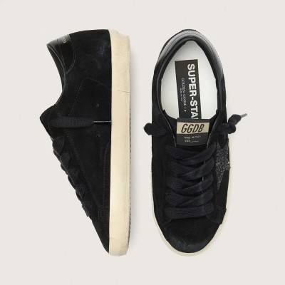 Golden Goose Super-Star Ltd In Black Suede With Black Glitter Star And Black Leather Heel Tab Golden Goose Super-Star Ltd In Black Suede With Black Glitter Star And Black Leather Heel Tab