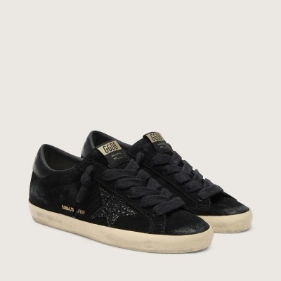 Golden Goose Super-Star Ltd In Black Suede With Black Glitter Star And Black Leather Heel Tab Golden Goose Super-Star Ltd In Black Suede With Black Glitter Star And Black Leather Heel Tab