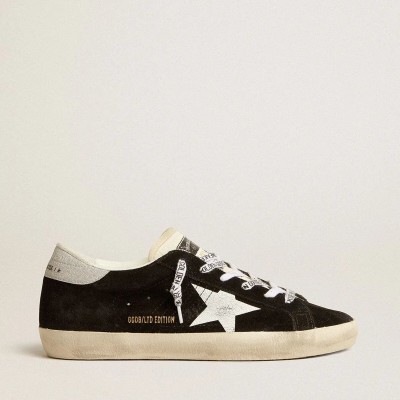 Golden Goose Super-Star Ltd In Black Suede With White Printed Star And Silver Glitter Heel Tab Golden Goose Super-Star Ltd In Black Suede With White Printed Star And Silver Glitter Heel Tab