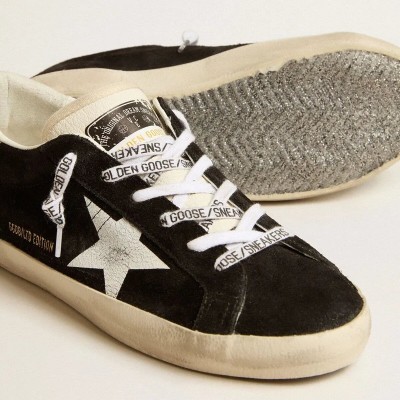 Golden Goose Super-Star Ltd In Black Suede With White Printed Star And Silver Glitter Heel Tab Golden Goose Super-Star Ltd In Black Suede With White Printed Star And Silver Glitter Heel Tab