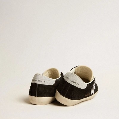 Golden Goose Super-Star Ltd In Black Suede With White Printed Star And Silver Glitter Heel Tab Golden Goose Super-Star Ltd In Black Suede With White Printed Star And Silver Glitter Heel Tab