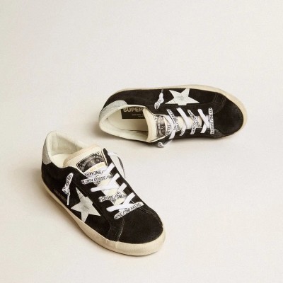 Golden Goose Super-Star Ltd In Black Suede With White Printed Star And Silver Glitter Heel Tab Golden Goose Super-Star Ltd In Black Suede With White Printed Star And Silver Glitter Heel Tab