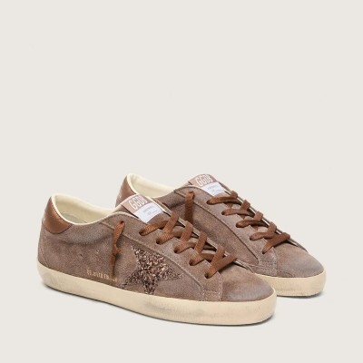 Golden Goose Super-Star Ltd In Brown Suede With Brown Glitter Star Golden Goose Super-Star Ltd In Brown Suede With Brown Glitter Star