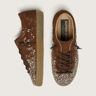 Golden Goose Super-Star Ltd In Brown Suede With Tone-On-Tone Embroidered Star And Silver Rhinestones Golden Goose Super-Star Ltd In Brown Suede With Tone-On-Tone Embroidered Star And Silver Rhinestones