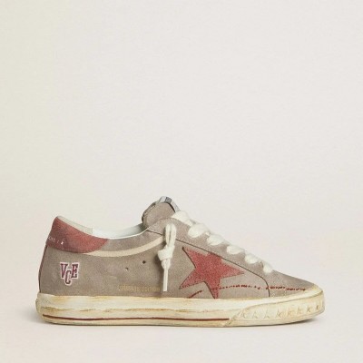 Golden Goose Super-Star Ltd In Gray Suede With Red Waxed Suede Star And Heel Tab Golden Goose Super-Star Ltd In Gray Suede With Red Waxed Suede Star And Heel Tab