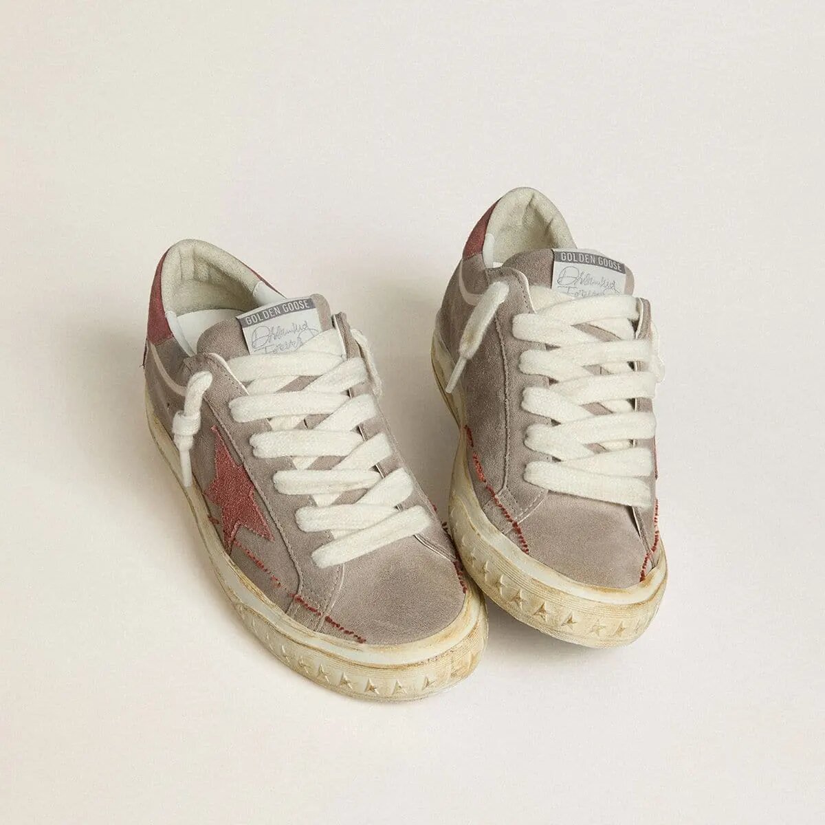 Golden Goose Super-Star Ltd In Gray Suede With Red Waxed Suede Star And Heel Tab Golden Goose Super-Star Ltd In Gray Suede With Red Waxed Suede Star And Heel Tab