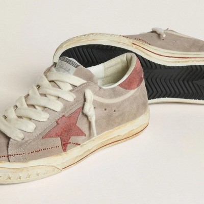 Golden Goose Super-Star Ltd In Gray Suede With Red Waxed Suede Star And Heel Tab Golden Goose Super-Star Ltd In Gray Suede With Red Waxed Suede Star And Heel Tab