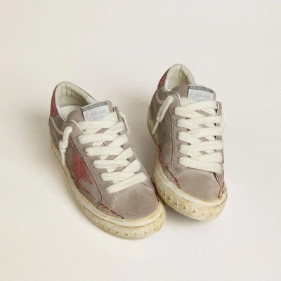 Golden Goose Super-Star Ltd In Gray Suede With Red Waxed Suede Star And Heel Tab Golden Goose Super-Star Ltd In Gray Suede With Red Waxed Suede Star And Heel Tab