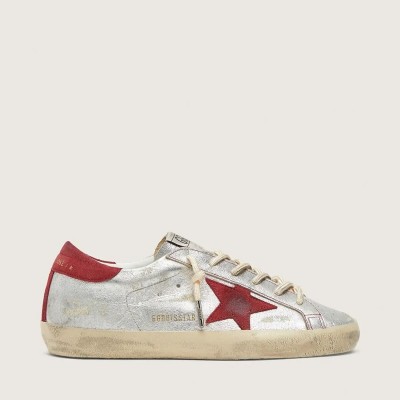 Golden Goose Super-Star Ltd In Metallic Silver Leather With Red Suede Star Golden Goose Super-Star Ltd In Metallic Silver Leather With Red Suede Star