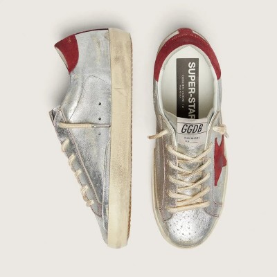 Golden Goose Super-Star Ltd In Metallic Silver Leather With Red Suede Star Golden Goose Super-Star Ltd In Metallic Silver Leather With Red Suede Star