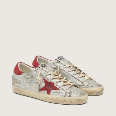Golden Goose Super-Star Ltd In Metallic Silver Leather With Red Suede Star Golden Goose Super-Star Ltd In Metallic Silver Leather With Red Suede Star