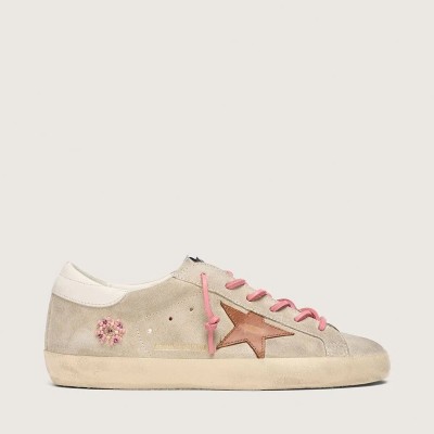 Golden Goose Super-Star Ltd In Pearl Suede With Brick-Red Star And Embroidery Golden Goose Super-Star Ltd In Pearl Suede With Brick-Red Star And Embroidery